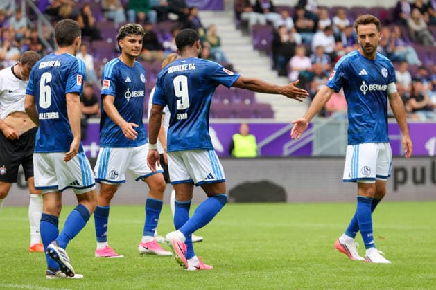 19.07.2026, xtgx, Fussball - Testspiel Erzgebirge Aue - FC Schalke 04 v.l. Moussa Sylla (Schalke, 9) Jubel, Torjubel, jubelt ueber das Tor, celebrate the goal, celebration (DFL DFB REGULATIONS PROHIBIT ANY USE OF PHOTOGRAPHS as IMAGE SEQUENCES and or QUASI-VIDEO) Aue *** July 19, 2026, xtgx, Soccer Friendly: Erzgebirge Aue vs. FC Schalke 04, featuring Moussa Sylla of Schalke, 9 celebrations, Goal celebration, celebrating the goal, DFL and DFB regulations prohibit any use of photographs as image sequences and or quasi-video. Aue