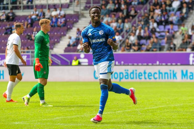 19.07.2026, xtgx, Fussball - Testspiel Erzgebirge Aue - FC Schalke 04 v.l. Christian Gomis (Schalke, 7) Jubel, Torjubel, jubelt ueber das Tor, celebrate the goal, celebration (DFL DFB REGULATIONS PROHIBIT ANY USE OF PHOTOGRAPHS as IMAGE SEQUENCES and or QUASI-VIDEO) Aue *** July 19, 2026, xtgx, Soccer Friendly: Erzgebirge Aue vs. FC Schalke 04, featuring Christian Gomis of Schalke, 7 celebrations, Goal celebration, celebrating the goal, DFL and DFB regulations prohibit any use of photographs as image sequences and or quasi-video. Aue