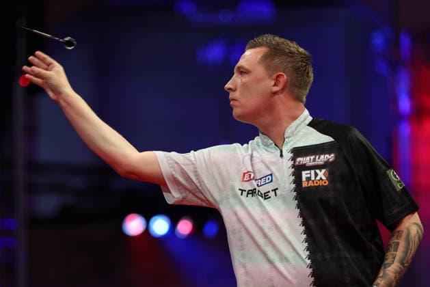 RECORD DATE NOT STATED 19th July 2026, Winter Gardens, Blackpool, Lancashire, England; 2026 Betfred World Matchplay Darts, Day Two; Chris Dobey in action at the oche in his game against Dirk van Duijvenbode AidanxHunter