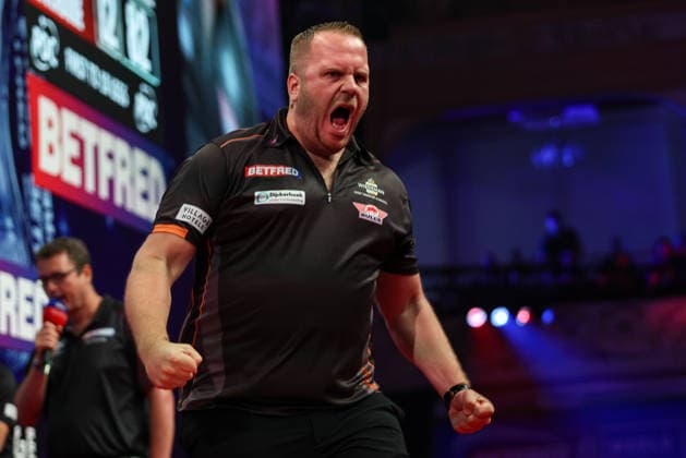 RECORD DATE NOT STATED 19th July 2026, Winter Gardens, Blackpool, Lancashire, England; 2026 Betfred World Matchplay Darts, Day Two; Dirk van Duijvenbode celebrates after winning his game against Chris Dobey AidanxHunter