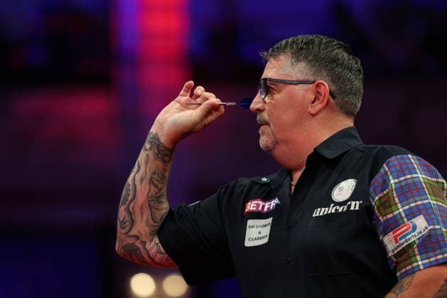 RECORD DATE NOT STATED 19th July 2026, Winter Gardens, Blackpool, Lancashire, England; 2026 Betfred World Matchplay Darts, Day Two; Gary Anderson in action at the oche during his game against Ryan Joyce AidanxHunter