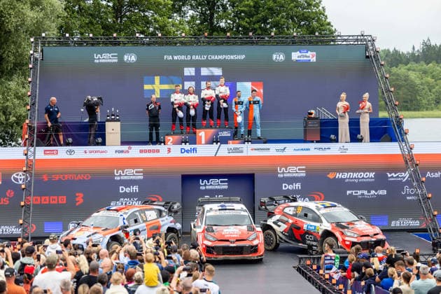 AUTO - WRC, Motorsport Rallye, WM - RALLY ESTONIA 2026 PAJARI Sami, SALMINEN Marko, TOYOTA GR Yaris Rally1, portrait, FOURMAUX Adrien, CORIA Alexandre, HYUNDAI i20 N Rally1, portrait, SOLBERG Oliver, EDMONDSON Elliott, TOYOTA GR Yaris Rally1, portrait, podium, portrait during the 2026 Rally Estonia, 8th round of the 2026 WRC WORLD RALLY CAR CHAMPIONSHIP, from July 16 to 29, 2026 at Tartu, Estonia - TartuEstonia  Copyright: xNikosxKatikisx
