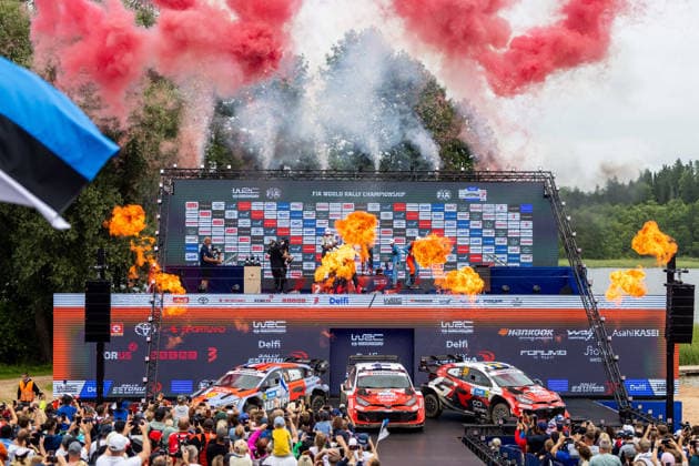 AUTO - WRC, Motorsport Rallye, WM - RALLY ESTONIA 2026 PAJARI Sami, SALMINEN Marko, TOYOTA GR Yaris Rally1, portrait, FOURMAUX Adrien, CORIA Alexandre, HYUNDAI i20 N Rally1, portrait, SOLBERG Oliver, EDMONDSON Elliott, TOYOTA GR Yaris Rally1, portrait, podium, portrait during the 2026 Rally Estonia, 8th round of the 2026 WRC WORLD RALLY CAR CHAMPIONSHIP, from July 16 to 29, 2026 at Tartu, Estonia - TartuEstonia  Copyright: xNikosxKatikisx