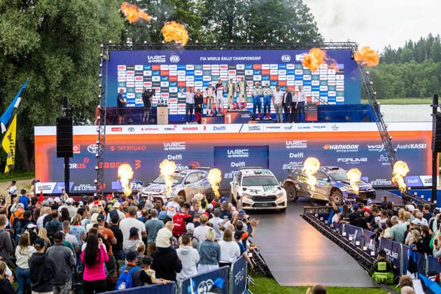 AUTO - WRC, Motorsport Rallye, WM - RALLY ESTONIA 2026 VIRVES Robert, VIILO Jakko, SKODA Fabia RS, portrait, SUNINEN Teemu, HUSSI Janni, TOYOTA GR Yaris, portrait, KORHONEN Roope, VIINIKKA Anssi, TOYOTA GR Yaris, portrait, podium, portrait during the 2026 Rally Estonia, 8th round of the 2026 WRC WORLD RALLY CAR CHAMPIONSHIP, from July 16 to 29, 2026 at Tartu, Estonia - TartuEstonia  Copyright: xNikosxKatikisx