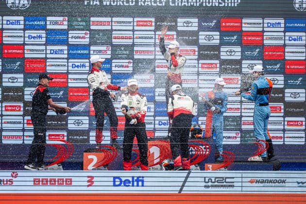 AUTO - WRC, Motorsport Rallye, WM - RALLY ESTONIA 2026 PAJARI Sami, SALMINEN Marko, TOYOTA GR Yaris Rally1, portrait, FOURMAUX Adrien, CORIA Alexandre, HYUNDAI i20 N Rally1, portrait, SOLBERG Oliver, EDMONDSON Elliott, TOYOTA GR Yaris Rally1, portrait, podium, portrait during the 2026 Rally Estonia, 8th round of the 2026 WRC WORLD RALLY CAR CHAMPIONSHIP, from July 16 to 29, 2026 at Tartu, Estonia - TartuEstonia  Copyright: xNikosxKatikisx