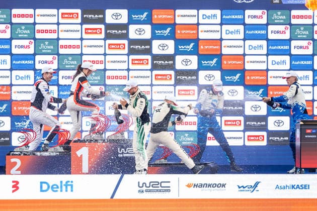 AUTO - WRC, Motorsport Rallye, WM - RALLY ESTONIA 2026 VIRVES Robert, VIILO Jakko, SKODA Fabia RS, portrait, SUNINEN Teemu, HUSSI Janni, TOYOTA GR Yaris, portrait, KORHONEN Roope, VIINIKKA Anssi, TOYOTA GR Yaris, portrait, podium, portraitVIRVES Robert, VIILO Jakko, SKODA Fabia RS, portrait, SUNINEN Teemu, HUSSI Janni, TOYOTA GR Yaris, portrait, KORHONEN Roope, VIINIKKA Anssi, TOYOTA GR Yaris, portrait, podium, portrait during the 2026 Rally Estonia, 8th round of the 2026 WRC WORLD RALLY CAR CHAMPIONSHIP, from July 16 to 29, 2026 at Tartu, Estonia - TartuEstonia  Copyright: xNikosxKatikisx