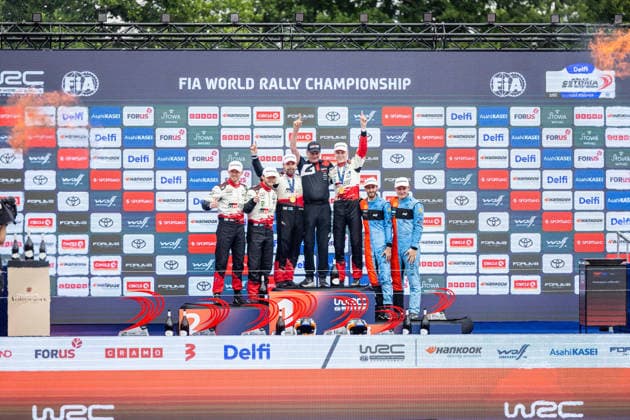 AUTO - WRC, Motorsport Rallye, WM - RALLY ESTONIA 2026 PAJARI Sami, SALMINEN Marko, TOYOTA GR Yaris Rally1, portrait, FOURMAUX Adrien, CORIA Alexandre, HYUNDAI i20 N Rally1, portrait, SOLBERG Oliver, EDMONDSON Elliott, TOYOTA GR Yaris Rally1, portrait, podium, portrait during the 2026 Rally Estonia, 8th round of the 2026 WRC WORLD RALLY CAR CHAMPIONSHIP, from July 16 to 29, 2026 at Tartu, Estonia - TartuEstonia  Copyright: xNikosxKatikisx
