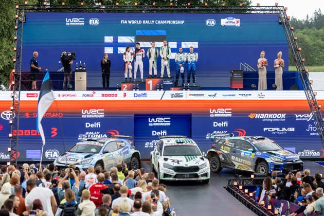 AUTO - WRC, Motorsport Rallye, WM - RALLY ESTONIA 2026 VIRVES Robert, VIILO Jakko, SKODA Fabia RS, portrait, SUNINEN Teemu, HUSSI Janni, TOYOTA GR Yaris, portrait, KORHONEN Roope, VIINIKKA Anssi, TOYOTA GR Yaris, portrait, podium, portrait during the 2026 Rally Estonia, 8th round of the 2026 WRC WORLD RALLY CAR CHAMPIONSHIP, from July 16 to 29, 2026 at Tartu, Estonia - TartuEstonia  Copyright: xNikosxKatikisx