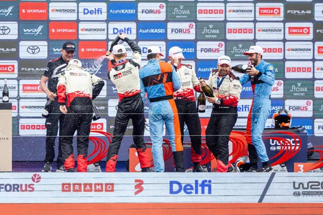 AUTO - WRC, Motorsport Rallye, WM - RALLY ESTONIA 2026 PAJARI Sami, SALMINEN Marko, TOYOTA GR Yaris Rally1, portrait, FOURMAUX Adrien, CORIA Alexandre, HYUNDAI i20 N Rally1, portrait, SOLBERG Oliver, EDMONDSON Elliott, TOYOTA GR Yaris Rally1, portrait, podium, portrait during the 2026 Rally Estonia, 8th round of the 2026 WRC WORLD RALLY CAR CHAMPIONSHIP, from July 16 to 29, 2026 at Tartu, Estonia - TartuEstonia  Copyright: xNikosxKatikisx