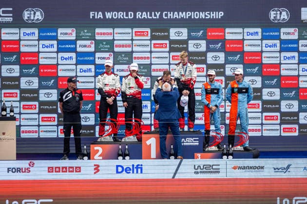 AUTO - WRC, Motorsport Rallye, WM - RALLY ESTONIA 2026 PAJARI Sami, SALMINEN Marko, TOYOTA GR Yaris Rally1, portrait, FOURMAUX Adrien, CORIA Alexandre, HYUNDAI i20 N Rally1, portrait, SOLBERG Oliver, EDMONDSON Elliott, TOYOTA GR Yaris Rally1, portrait, podium, portrait during the 2026 Rally Estonia, 8th round of the 2026 WRC WORLD RALLY CAR CHAMPIONSHIP, from July 16 to 29, 2026 at Tartu, Estonia - TartuEstonia  Copyright: xNikosxKatikisx