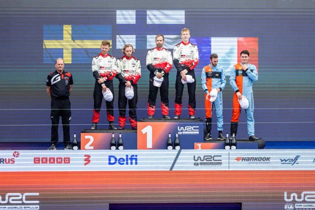 AUTO - WRC, Motorsport Rallye, WM - RALLY ESTONIA 2026 PAJARI Sami, SALMINEN Marko, TOYOTA GR Yaris Rally1, portrait, FOURMAUX Adrien, CORIA Alexandre, HYUNDAI i20 N Rally1, portrait, SOLBERG Oliver, EDMONDSON Elliott, TOYOTA GR Yaris Rally1, portrait, podium, portrait during the 2026 Rally Estonia, 8th round of the 2026 WRC WORLD RALLY CAR CHAMPIONSHIP, from July 16 to 29, 2026 at Tartu, Estonia - TartuEstonia  Copyright: xNikosxKatikisx