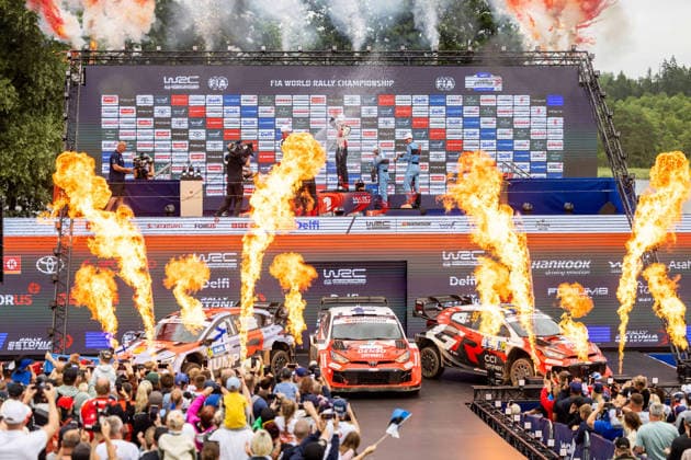 AUTO - WRC, Motorsport Rallye, WM - RALLY ESTONIA 2026 PAJARI Sami, SALMINEN Marko, TOYOTA GR Yaris Rally1, portrait, FOURMAUX Adrien, CORIA Alexandre, HYUNDAI i20 N Rally1, portrait, SOLBERG Oliver, EDMONDSON Elliott, TOYOTA GR Yaris Rally1, portrait, podium, portrait during the 2026 Rally Estonia, 8th round of the 2026 WRC WORLD RALLY CAR CHAMPIONSHIP, from July 16 to 29, 2026 at Tartu, Estonia - TartuEstonia  Copyright: xNikosxKatikisx