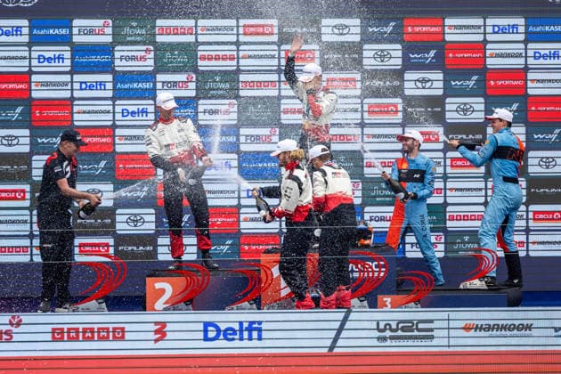 AUTO - WRC, Motorsport Rallye, WM - RALLY ESTONIA 2026 PAJARI Sami, SALMINEN Marko, TOYOTA GR Yaris Rally1, portrait, FOURMAUX Adrien, CORIA Alexandre, HYUNDAI i20 N Rally1, portrait, SOLBERG Oliver, EDMONDSON Elliott, TOYOTA GR Yaris Rally1, portrait, podium, portrait during the 2026 Rally Estonia, 8th round of the 2026 WRC WORLD RALLY CAR CHAMPIONSHIP, from July 16 to 29, 2026 at Tartu, Estonia - TartuEstonia  Copyright: xNikosxKatikisx