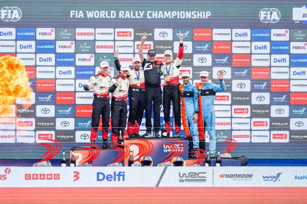 AUTO - WRC, Motorsport Rallye, WM - RALLY ESTONIA 2026 PAJARI Sami, SALMINEN Marko, TOYOTA GR Yaris Rally1, portrait, FOURMAUX Adrien, CORIA Alexandre, HYUNDAI i20 N Rally1, portrait, SOLBERG Oliver, EDMONDSON Elliott, TOYOTA GR Yaris Rally1, portrait, podium, portrait during the 2026 Rally Estonia, 8th round of the 2026 WRC WORLD RALLY CAR CHAMPIONSHIP, from July 16 to 29, 2026 at Tartu, Estonia - TartuEstonia  Copyright: xNikosxKatikisx