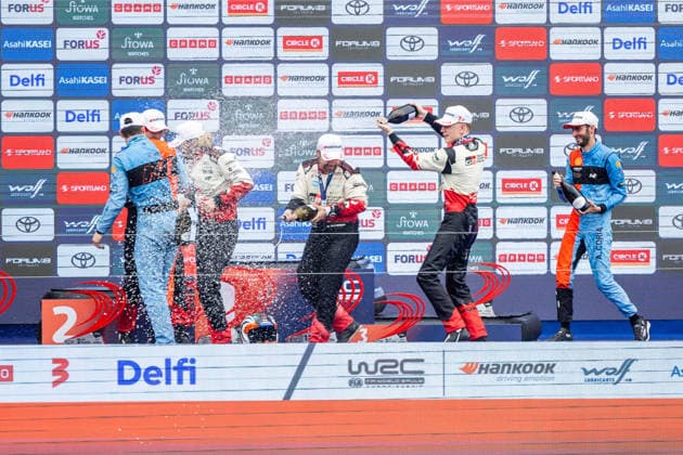 AUTO - WRC, Motorsport Rallye, WM - RALLY ESTONIA 2026 PAJARI Sami, SALMINEN Marko, TOYOTA GR Yaris Rally1, portrait, FOURMAUX Adrien, CORIA Alexandre, HYUNDAI i20 N Rally1, portrait, SOLBERG Oliver, EDMONDSON Elliott, TOYOTA GR Yaris Rally1, portrait, podium, portrait during the 2026 Rally Estonia, 8th round of the 2026 WRC WORLD RALLY CAR CHAMPIONSHIP, from July 16 to 29, 2026 at Tartu, Estonia - TartuEstonia  Copyright: xNikosxKatikisx