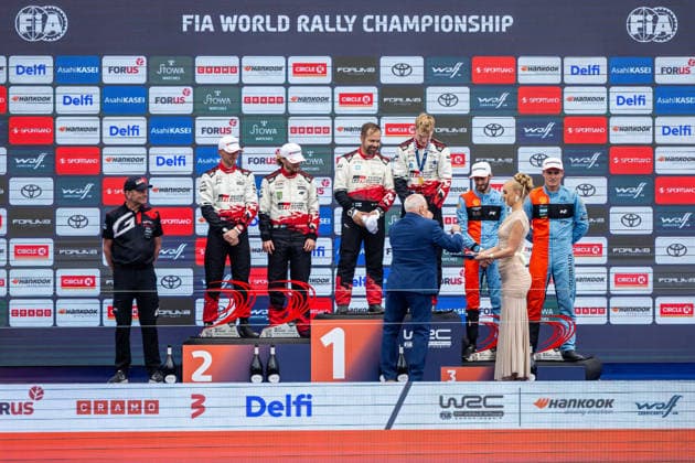 AUTO - WRC, Motorsport Rallye, WM - RALLY ESTONIA 2026 PAJARI Sami, SALMINEN Marko, TOYOTA GR Yaris Rally1, portrait, FOURMAUX Adrien, CORIA Alexandre, HYUNDAI i20 N Rally1, portrait, SOLBERG Oliver, EDMONDSON Elliott, TOYOTA GR Yaris Rally1, portrait, podium, portrait during the 2026 Rally Estonia, 8th round of the 2026 WRC WORLD RALLY CAR CHAMPIONSHIP, from July 16 to 29, 2026 at Tartu, Estonia - TartuEstonia  Copyright: xNikosxKatikisx