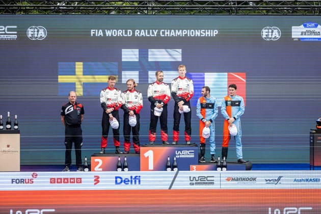 AUTO - WRC, Motorsport Rallye, WM - RALLY ESTONIA 2026 PAJARI Sami, SALMINEN Marko, TOYOTA GR Yaris Rally1, portrait, FOURMAUX Adrien, CORIA Alexandre, HYUNDAI i20 N Rally1, portrait, SOLBERG Oliver, EDMONDSON Elliott, TOYOTA GR Yaris Rally1, portrait, podium, portrait during the 2026 Rally Estonia, 8th round of the 2026 WRC WORLD RALLY CAR CHAMPIONSHIP, from July 16 to 29, 2026 at Tartu, Estonia - TartuEstonia  Copyright: xNikosxKatikisx