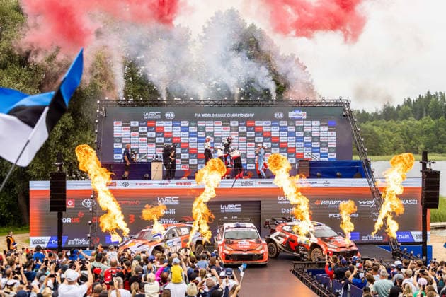 AUTO - WRC, Motorsport Rallye, WM - RALLY ESTONIA 2026 PAJARI Sami, SALMINEN Marko, TOYOTA GR Yaris Rally1, portrait, FOURMAUX Adrien, CORIA Alexandre, HYUNDAI i20 N Rally1, portrait, SOLBERG Oliver, EDMONDSON Elliott, TOYOTA GR Yaris Rally1, portrait, podium, portrait during the 2026 Rally Estonia, 8th round of the 2026 WRC WORLD RALLY CAR CHAMPIONSHIP, from July 16 to 29, 2026 at Tartu, Estonia - TartuEstonia  Copyright: xNikosxKatikisx