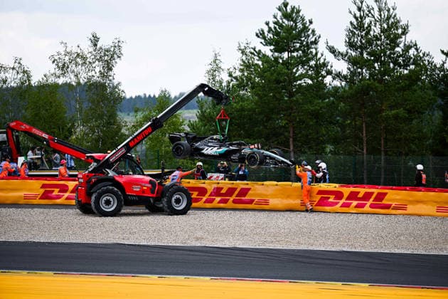 F1 - BELGIAN GRAND PRIX 2026 RUSSELL George (gbr), Mercedes AMG F1 Team W17, portrait crash, accident, during the Formula 1 Belgian Grand Prix 2026, 10th round of the 2026 Formula One World Championship, WM, Weltmeisterschaft from July 17 to 19, 2026 on the Circuit de Spa-Francorchamps, in Stavelot, Belgium -  Copyright: xALBERTOxVIMERCATIx