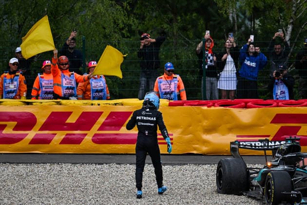 F1 - BELGIAN GRAND PRIX 2026 RUSSELL George (gbr), Mercedes AMG F1 Team W17, portrait crash, accident, during the Formula 1 Belgian Grand Prix 2026, 10th round of the 2026 Formula One World Championship, WM, Weltmeisterschaft from July 17 to 19, 2026 on the Circuit de Spa-Francorchamps, in Stavelot, Belgium -  Copyright: xALBERTOxVIMERCATIx