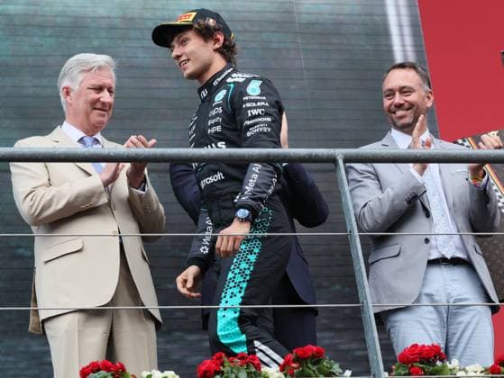 King Philippe - Filip of Belgium, Mercedes Italian rider Kimi Antonelli, Federal Minister Maxime Prevot and pictured after the Grand Prix F1 of Belgium race, in Spa-Francorchamps, Sunday 19 July 2026. The Spa-Francorchamps Formula One Grand Prix takes place this weekend, from July 17th to July 19th. BENOITxDOPPAGNE  x181478426x