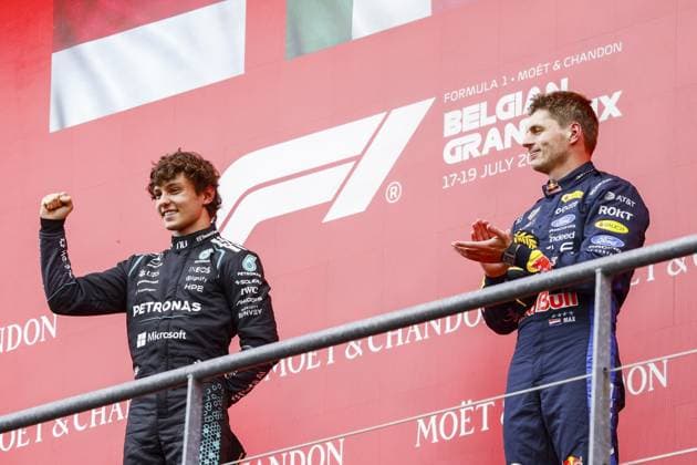 SPA - Andrea Kimi Antonelli (Mercedes-AMG PETRONAS Formula One Team) and Max Verstappen (Oracle Red Bull Racing) on the podium after the Belgian Grand Prix race at the Spa-Francorchamps circuit. SEM VAN DER WAL ANP xVIxANPxSportx xxANPxIVx 563843338 originalFilename: 563843338.jpg