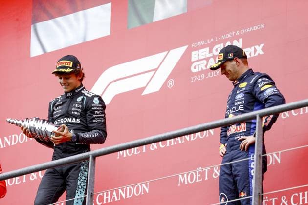 SPA - Andrea Kimi Antonelli (Mercedes-AMG PETRONAS Formula One Team) and Max Verstappen (Oracle Red Bull Racing) on the podium after the Belgian Grand Prix race at the Spa-Francorchamps circuit. SEM VAN DER WAL ANP xVIxANPxSportx xxANPxIVx 563843368 originalFilename: 563843368.jpg