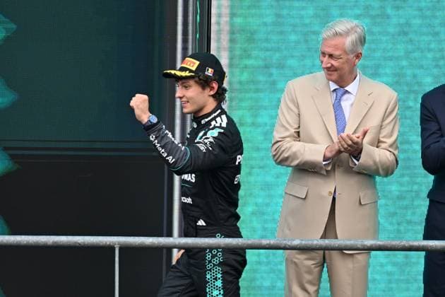 Mercedes Italian rider Kimi Antonelli and King Philippe - Filip of Belgium celebrates on the podium after the Grand Prix F1 of Belgium race, in Spa-Francorchamps, Sunday 19 July 2026. The Spa-Francorchamps Formula One Grand Prix takes place this weekend, from July 17th to July 19th. JONASxROOSENS  x181478712x
