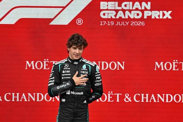 Mercedes Italian rider Kimi Antonelli celebrates on the podium after winning the Grand Prix F1 of Belgium race, in Spa-Francorchamps, Sunday 19 July 2026. The Spa-Francorchamps Formula One Grand Prix takes place this weekend, from July 17th to July 19th. JONASxROOSENS  x181478719x