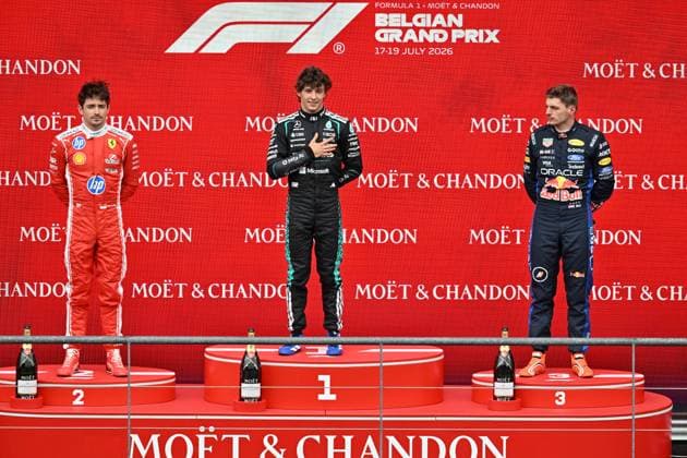 Ferrari Monegasque rider Charles Leclerc, Mercedes Italian rider Kimi Antonelli and Red Bull Racing Dutch rider Max Verstappen pictured on the podium after the Grand Prix F1 of Belgium race, in Spa-Francorchamps, Sunday 19 July 2026. The Spa-Francorchamps Formula One Grand Prix takes place this weekend, from July 17th to July 19th. JONASxROOSENS  x181478739x