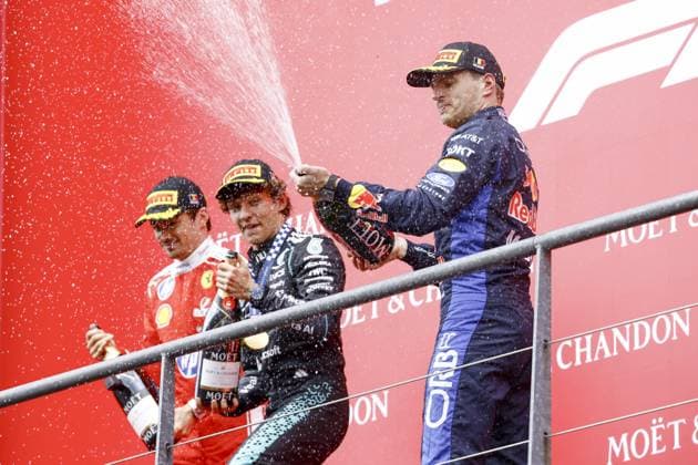SPA - Charles Leclerc (Scuderia Ferrari HP), Andrea Kimi Antonelli (Mercedes-AMG PETRONAS Formula One Team) and Max Verstappen (Oracle Red Bull Racing) on the podium after the Belgian Grand Prix race at the Spa-Francorchamps circuit. SEM VAN DER WAL ANP xVIxANPxSportx xxANPxIVx 563843521 originalFilename: 563843521.jpg