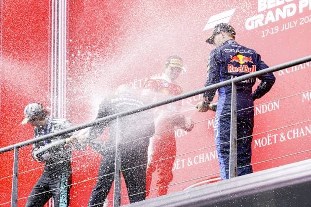 SPA - Charles Leclerc (Scuderia Ferrari HP), Andrea Kimi Antonelli (Mercedes-AMG PETRONAS Formula One Team) and Max Verstappen (Oracle Red Bull Racing) on the podium after the Belgian Grand Prix race at the Spa-Francorchamps circuit. SEM VAN DER WAL ANP xVIxANPxSportx xxANPxIVx 563843595 originalFilename: 563843595.jpg