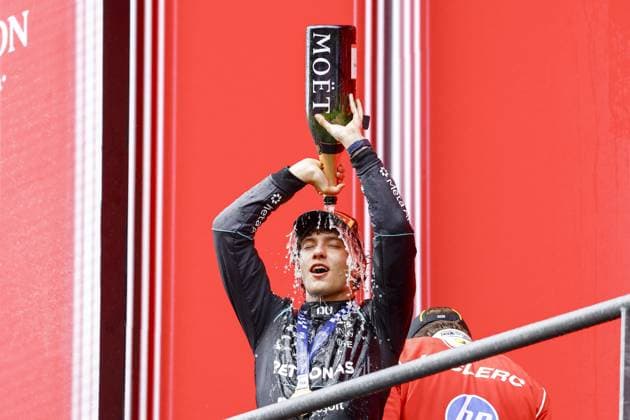 SPA - Andrea Kimi Antonelli (Mercedes-AMG PETRONAS Formula One Team) celebrates the victory on the podium after the Belgian Grand Prix race at the Spa-Francorchamps circuit. SEM VAN DER WAL ANP xVIxANPxSportx xxANPxIVx 563843679 originalFilename: 563843679.jpg