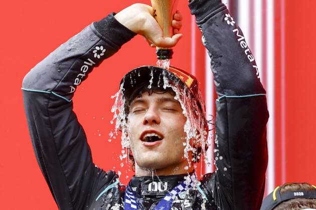 SPA - Andrea Kimi Antonelli (Mercedes-AMG PETRONAS Formula One Team) celebrates the victory on the podium after the Belgian Grand Prix race at the Spa-Francorchamps circuit. SEM VAN DER WAL ANP xVIxANPxSportx xxANPxIVx 563843694 originalFilename: 563843694.jpg
