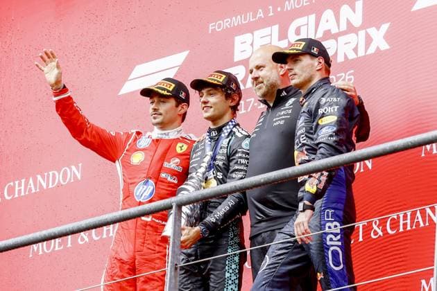 SPA - Charles Leclerc (Scuderia Ferrari HP), Andrea Kimi Antonelli (Mercedes-AMG PETRONAS Formula One Team) and Max Verstappen (Oracle Red Bull Racing) on the podium after the Belgian Grand Prix race at the Spa-Francorchamps circuit. SEM VAN DER WAL ANP xVIxANPxSportx xxANPxIVx 563843729 originalFilename: 563843729.jpg