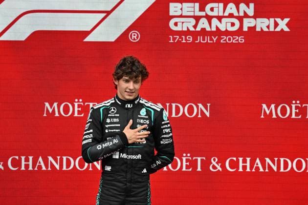 Mercedes Italian rider Kimi Antonelli celebrates on the podium after winning the Grand Prix F1 of Belgium race, in Spa-Francorchamps, Sunday 19 July 2026. The Spa-Francorchamps Formula One Grand Prix takes place this weekend, from July 17th to July 19th. JONASxROOSENS  x181478950x