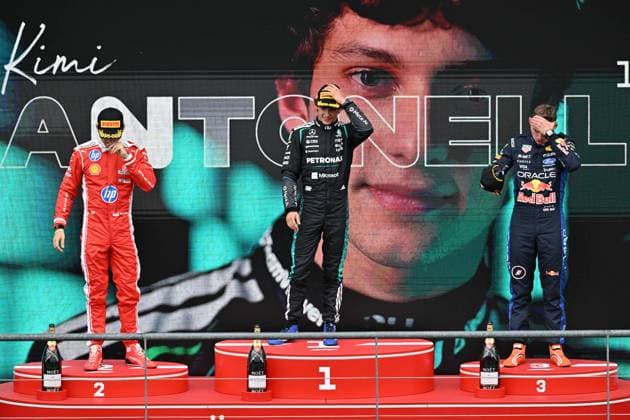 Ferrari Monegasque rider Charles Leclerc, Mercedes Italian rider Kimi Antonelli and Red Bull Racing Dutch rider Max Verstappen pictured on the podium after the Grand Prix F1 of Belgium race, in Spa-Francorchamps, Sunday 19 July 2026. The Spa-Francorchamps Formula One Grand Prix takes place this weekend, from July 17th to July 19th. JONASxROOSENS  x181478951x