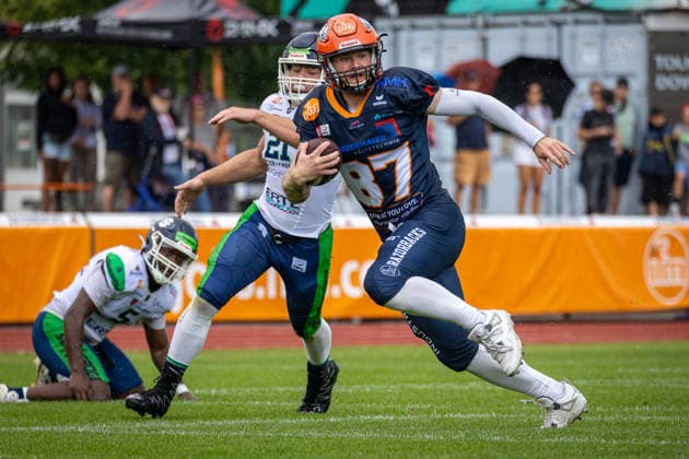 Tim Müller (ifm Razorbacks Ravensburg, 87 Wide Receiver) ifm Razorbacks Ravensburg vs Straubing Spiders, American Football, German Football League, Week 11, 2026, 19.07.2026, Weingarten TeleData Stadion am Lindenhof Baden Württemberg Germany Copyright: xFootxBowl SebastianxJustx