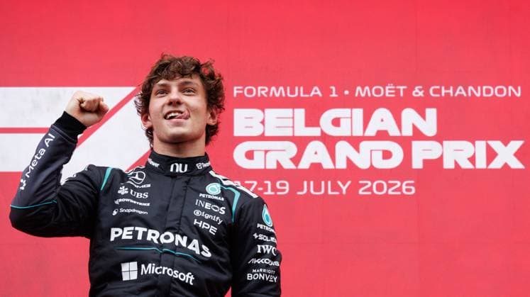 Mercedes Italian rider Kimi Antonelli celebrates on the podium after winning the Grand Prix F1 of Belgium race, in Spa-Francorchamps, Sunday 19 July 2026. The Spa-Francorchamps Formula One Grand Prix takes place this weekend, from July 17th to July 19th. BENOITxDOPPAGNE  x181479565x