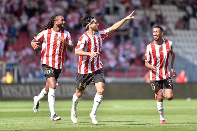 2026.07.19 Krakow Pilka nozna , sezon 2026 27 , sparing , mecz sparingowy , mecz towarzyski w ramach obchodow jubileuszu Cracovii Cracovia Krakow - Sevilla FC N z Pilkarze Cracovii, Brahim Traore, Ajdin Hasic, Amir Al-Ammari, radosc po bramce na 1-0, gol, bramka Foto Krzysztof Porebski PressFocus 2026.07.19 Krakow Football , friendly game , anniversary of Cracovia , 2026 2027 season Cracovia Krakow - Sevilla FC Pilkarze Cracovii, Brahim Traore, Ajdin Hasic, Amir Al-Ammari, radosc po bramce na 1-0, gol, bramka Credit: Krzysztof Porebski PressFocus NEWSPIX.PL --- newspix.pl 