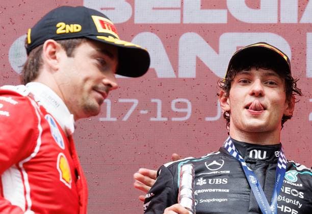 Ferrari Monegasque rider Charles Leclerc and Mercedes Italian rider Kimi Antonelli celebrate on the podium the Grand Prix F1 of Belgium race, in Spa-Francorchamps, Sunday 19 July 2026. The Spa-Francorchamps Formula One Grand Prix takes place this weekend, from July 17th to July 19th. BENOITxDOPPAGNE  x181479712x
