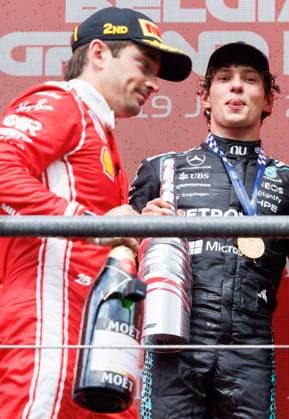 Ferrari Monegasque rider Charles Leclerc and Mercedes Italian rider Kimi Antonelli celebrate on the podium the Grand Prix F1 of Belgium race, in Spa-Francorchamps, Sunday 19 July 2026. The Spa-Francorchamps Formula One Grand Prix takes place this weekend, from July 17th to July 19th. BENOITxDOPPAGNE  x181479724x