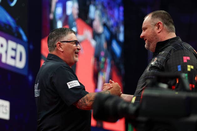 RECORD DATE NOT STATED 19th July 2026, Winter Gardens, Blackpool, Lancashire, England; 2026 Betfred World Matchplay Darts, Day Two; Gary Anderson and Ryan Joyce shake hands after their game in which Gary Anderson won AidanxHunter