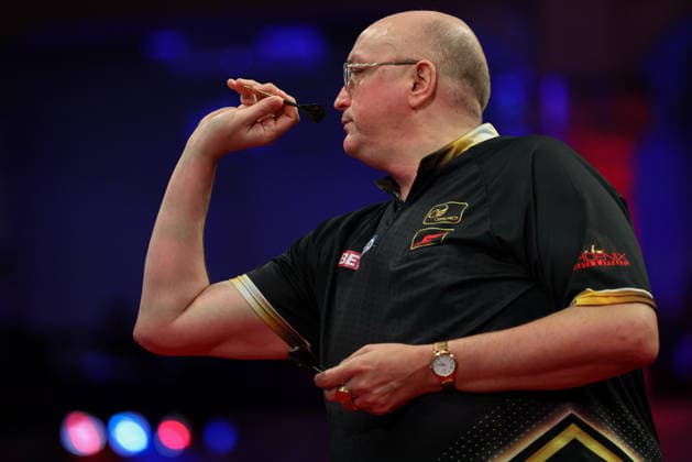 RECORD DATE NOT STATED 19th July 2026, Winter Gardens, Blackpool, Lancashire, England; 2026 Betfred World Matchplay Darts, Day Two; Andrew Gilding in action at the oche during his game against Michael van Gerwen AidanxHunter