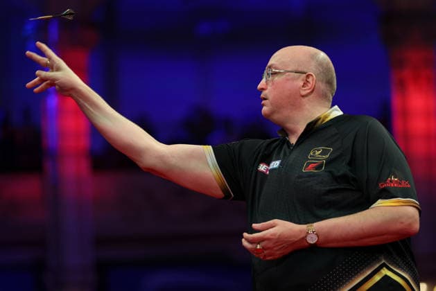 RECORD DATE NOT STATED 19th July 2026, Winter Gardens, Blackpool, Lancashire, England; 2026 Betfred World Matchplay Darts, Day Two; Andrew Gilding in action at the oche in his match against Michael van Gerwen AidanxHunter