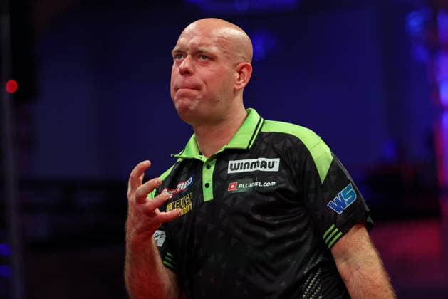 RECORD DATE NOT STATED 19th July 2026, Winter Gardens, Blackpool, Lancashire, England; 2026 Betfred World Matchplay Darts, Day Two; Michael van Gerwen reacts to a missed dart in his match against Andrew Gilding AidanxHunter