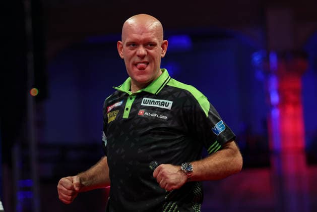 RECORD DATE NOT STATED 19th July 2026, Winter Gardens, Blackpool, Lancashire, England; 2026 Betfred World Matchplay Darts, Day Two; Michael van Gerwen celebrates after winning his game against Andrew Gilding AidanxHunter