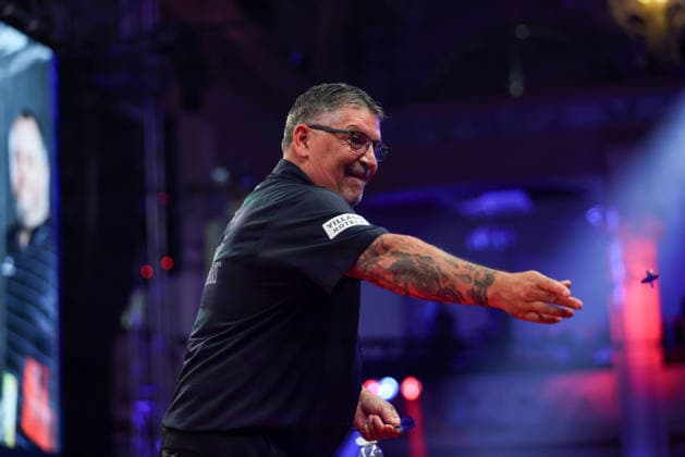 RECORD DATE NOT STATED 19th July 2026, Winter Gardens, Blackpool, Lancashire, England; 2026 Betfred World Matchplay Darts, Day Two; Gary Anderson throwing his flights to fans after winning his game against Ryan Joyce AidanxHunter