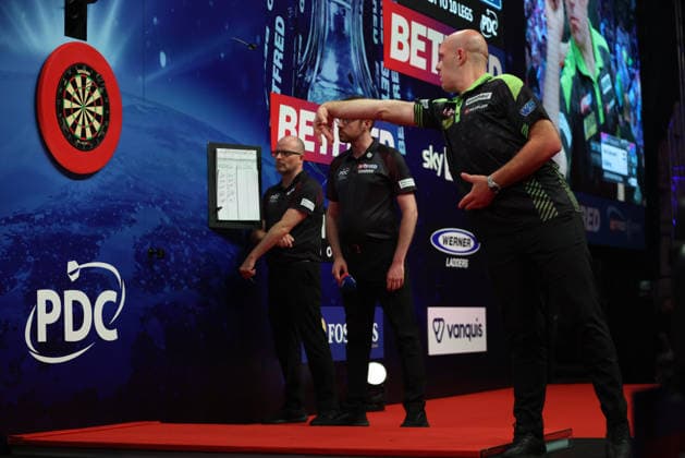 RECORD DATE NOT STATED 19th July 2026, Winter Gardens, Blackpool, Lancashire, England; 2026 Betfred World Matchplay Darts, Day Two; Michael van Gerwen in action at the oche during his game against Andrew Gilding AidanxHunter