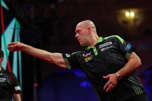 RECORD DATE NOT STATED 19th July 2026, Winter Gardens, Blackpool, Lancashire, England; 2026 Betfred World Matchplay Darts, Day Two; Michael van Gerwen in action at the oche in his game against Andrew Gilding AidanxHunter